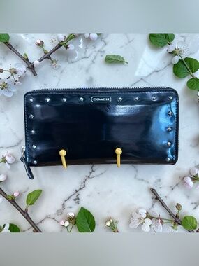 Coach Black Patent Leather Zip Wallet with Gold Stud Accents